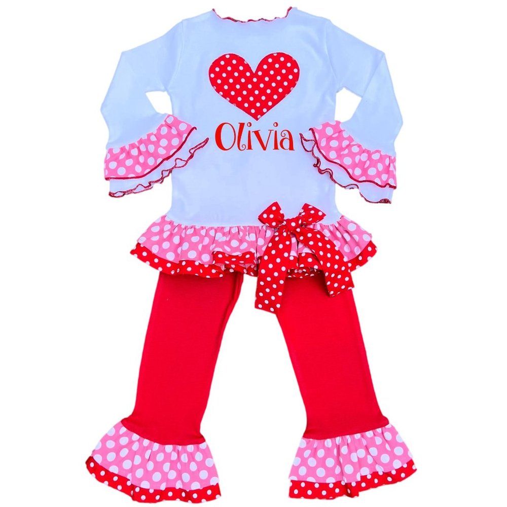 Personalized Valentines Day Ruffled Top & Leggings Little Girl Outfit